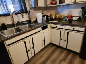 Dated kitchen cabinets and sink before remodel