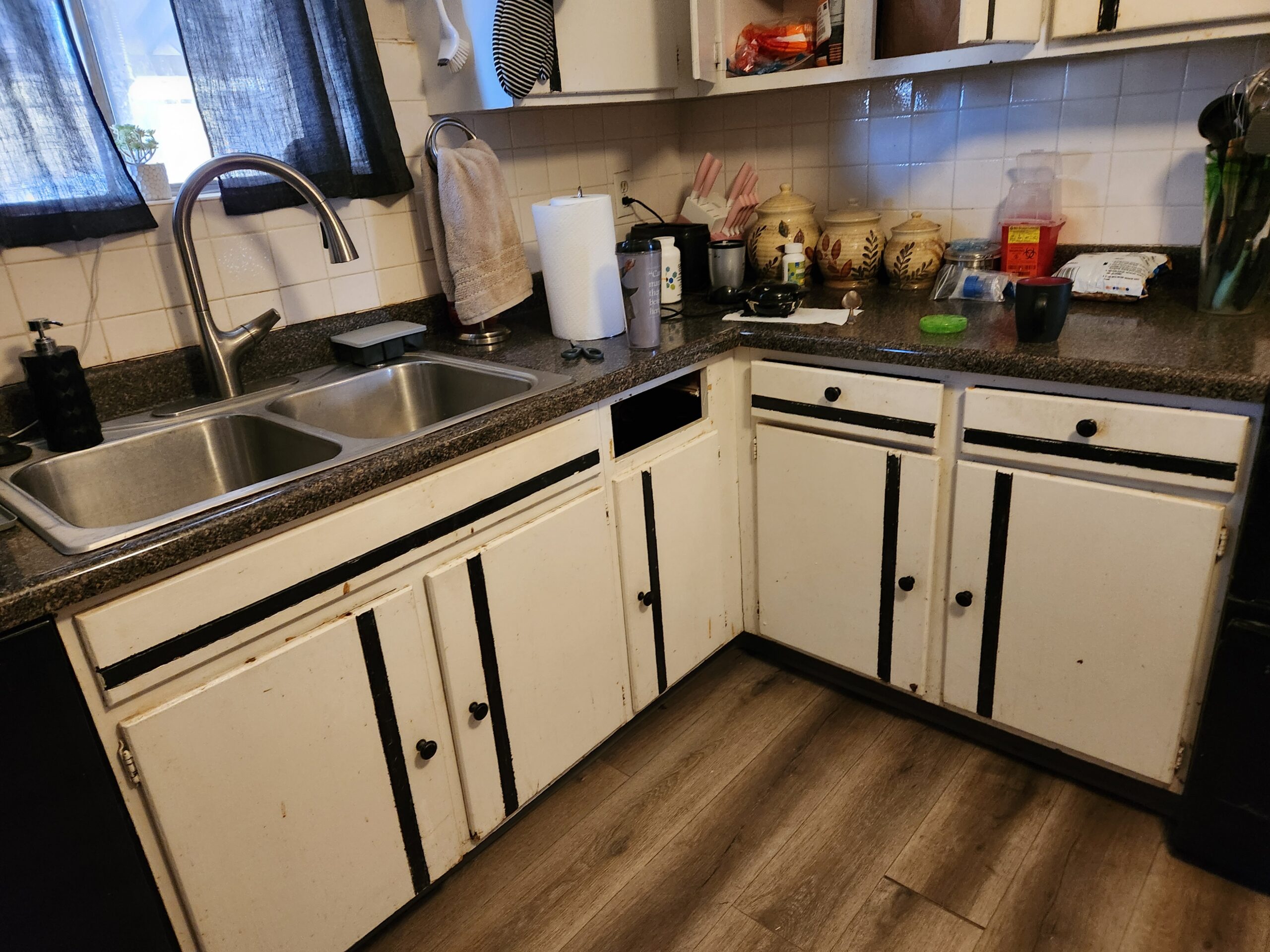 Dated kitchen cabinets and sink before remodel